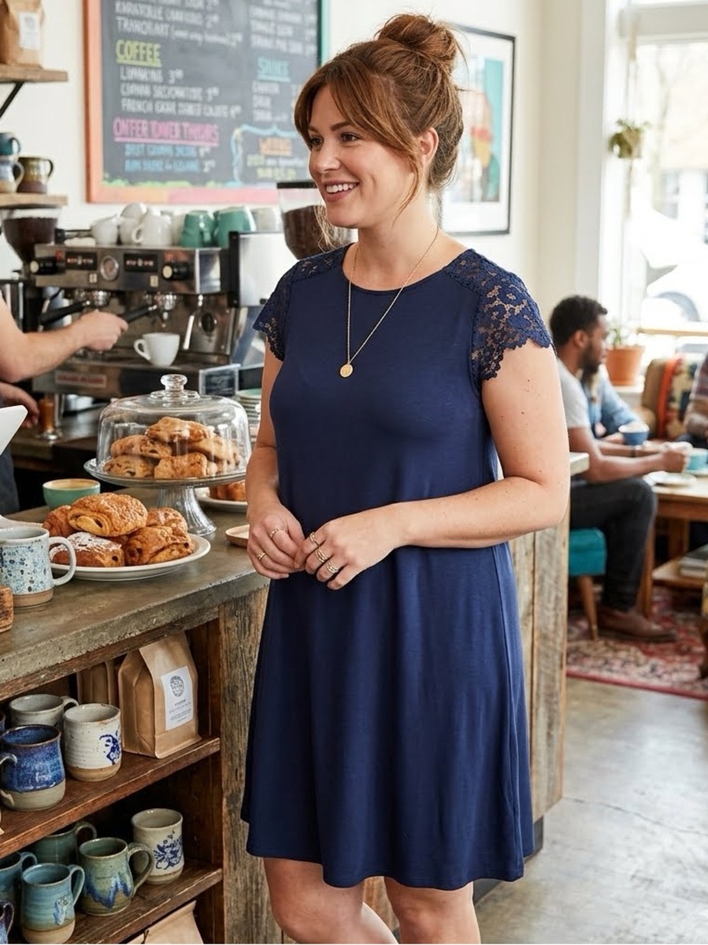 LOFT Navy Lace Cap Sleeve Midi Shift Dress Size M